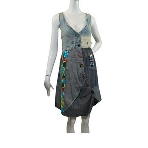 NWT DESIGUAL Patchwork Asymmetrical Artsy Buttons Denim Dress Size: 40 Medium